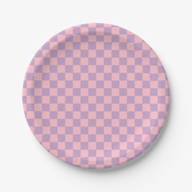 Assiettes En Carton Damier lilas et rose (Devant)