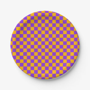 Assiettes En Carton Damier Violet Électrique et Ambre Doré