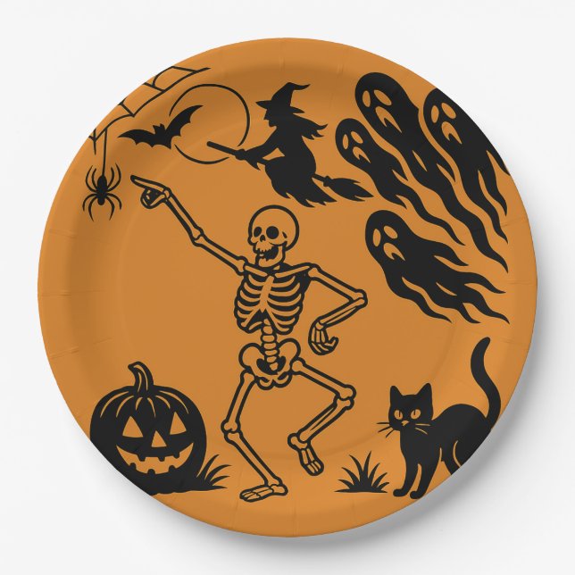 Assiettes En Carton Dancing Skeleton & Chat noir Plaque en papier Hall (Devant)