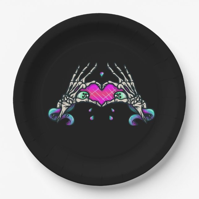 Assiettes En Carton Dans la mort - Squelette Mains de coeur (Devant)