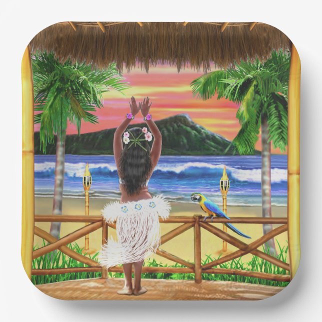 Assiettes En Carton Danseur Hawaïen Sunset Hula (Recto)
