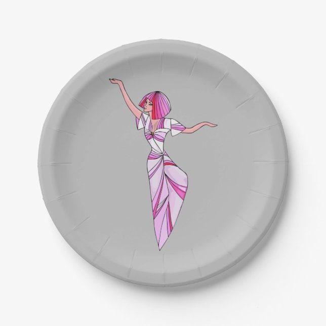 Assiettes En Carton Danseur rose funky fille avec cheveux roses (Devant)