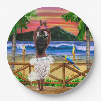 Assiettes En Carton Danseuse de hula du coucher de soleil hawaïen