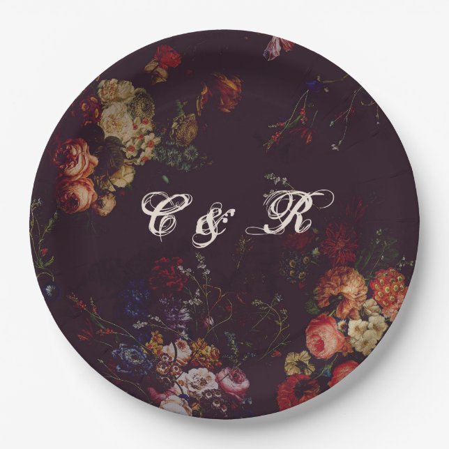 Assiettes En Carton Dark Elegant Bourgogne Moody Nom Floral Initiales (Devant)