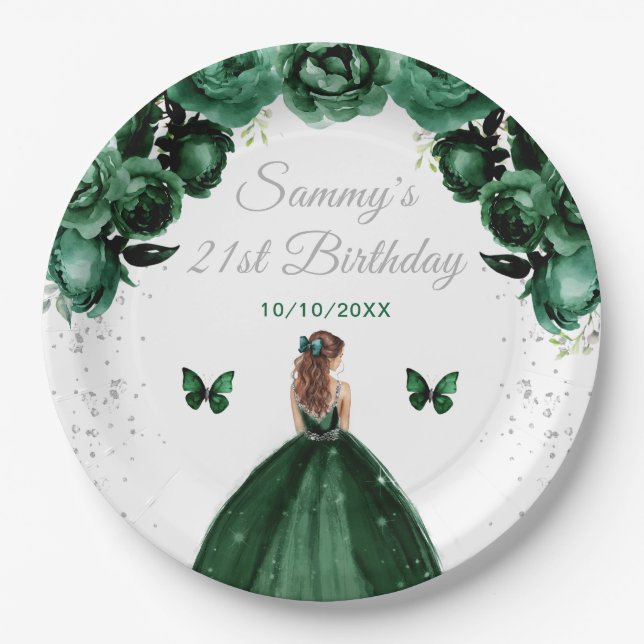 Assiettes En Carton Dark Green Brown cheveux Princess Anniversaire (Devant)