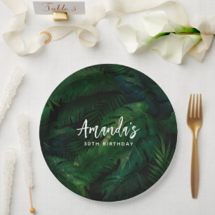 Assiettes En Carton Dark Green Tropical Feuille Motif Anniversaire