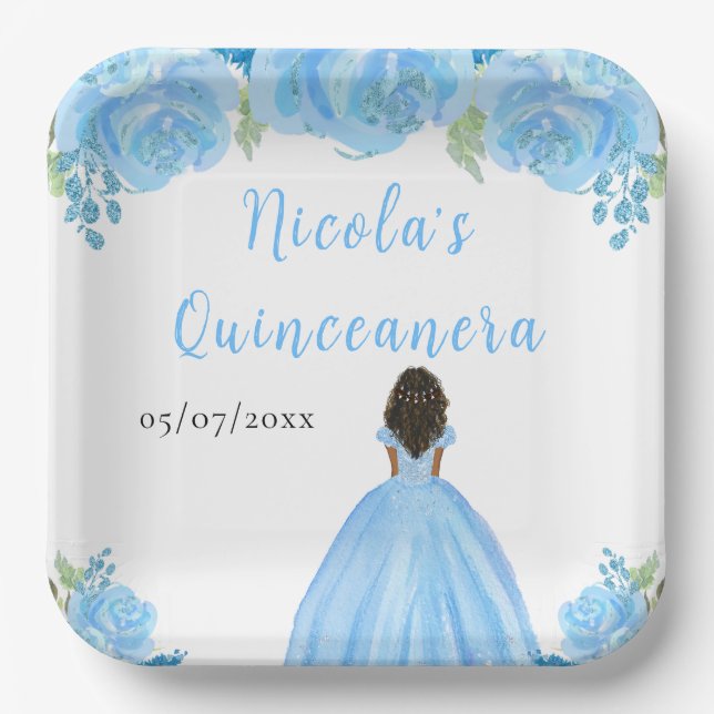 Assiettes En Carton Dark Skin Princess Blue Floral Quinceanera (Recto)