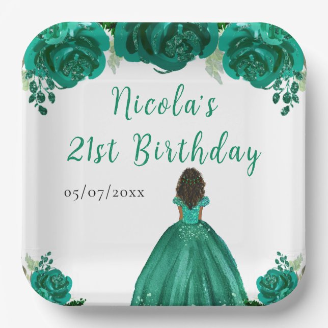 Assiettes En Carton Dark Skin Princess Green Floral Birthday Party (Recto)