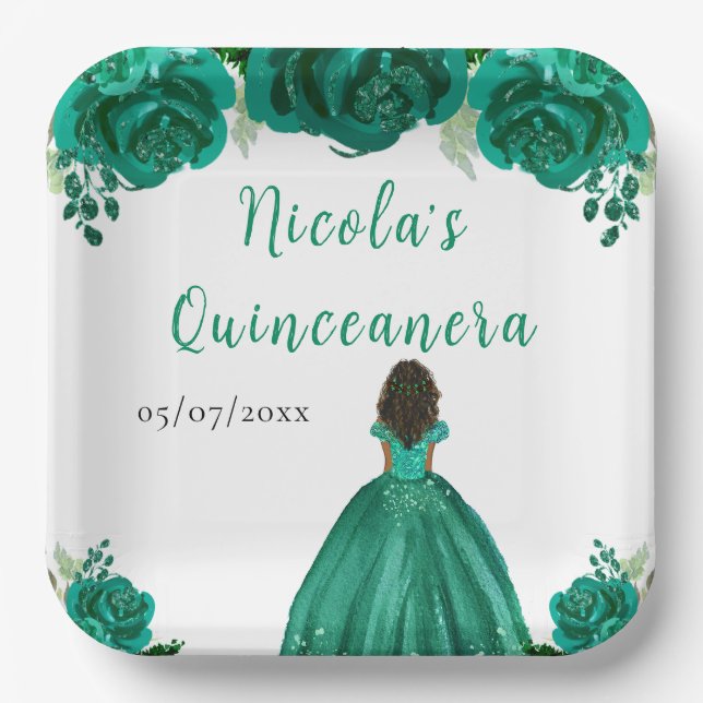 Assiettes En Carton Dark Skin Princess Green Floral Quinceanera (Recto)