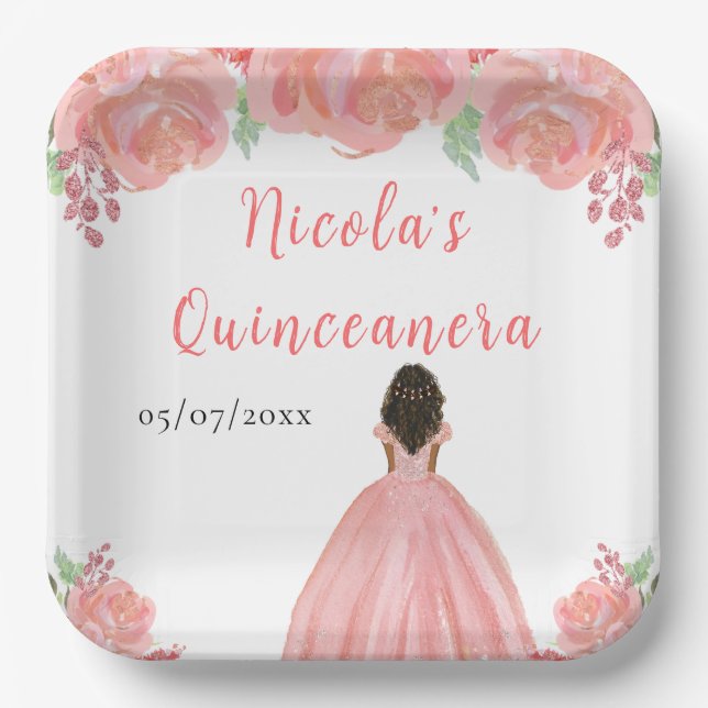 Assiettes En Carton Dark Skin Princess Pink Floral Quinceanera (Recto)