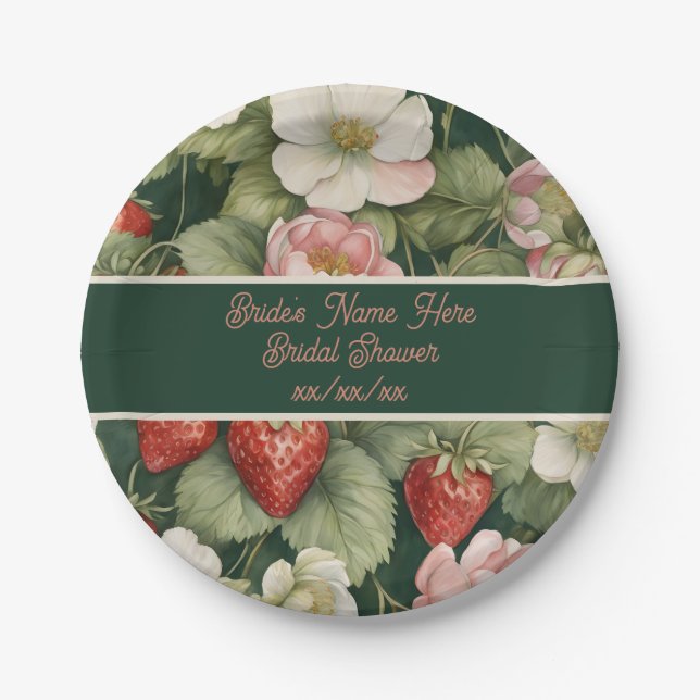 Assiettes En Carton Date/Nom "Berry in Love" Fleurs et fraises (Devant)
