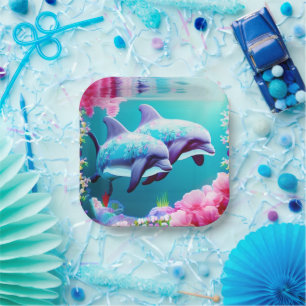 Assiettes En Carton Dauphins dans la vie océanique avec fleurs