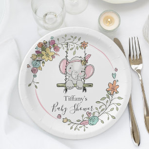Assiettes En Carton Décor de la soirée Baby shower Eléphant avec fleur