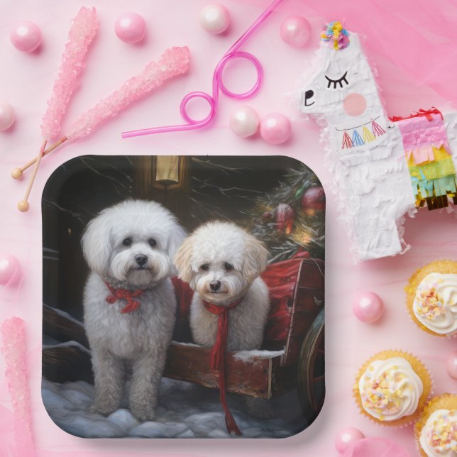 Assiettes En Carton Décor de Noël Bichon Frise Snowy Sleigh (Fête)