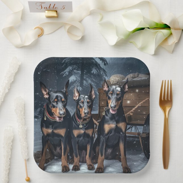 Assiettes En Carton Décor de Noël Doberman Snowy Sleigh (Mariage)