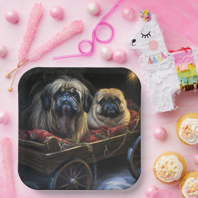 Assiettes En Carton Décor de Noël Pekingese Snowy Sleigh (Fête)
