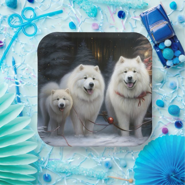 Assiettes En Carton Décor de Noël Samoyed Snowy Sleigh (Fête)