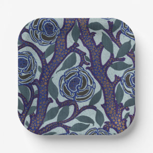 Assiettes En Carton Décor floral de rose Art déco bleu royal et or