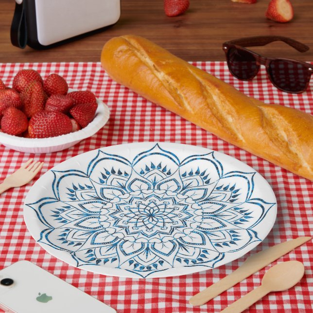 Assiettes En Carton Décor mandala métallisé bleu élégant (Pique-nique)