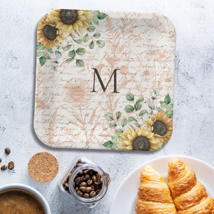 Assiettes En Carton Découpage de tournesol rustique Vintage monogramme