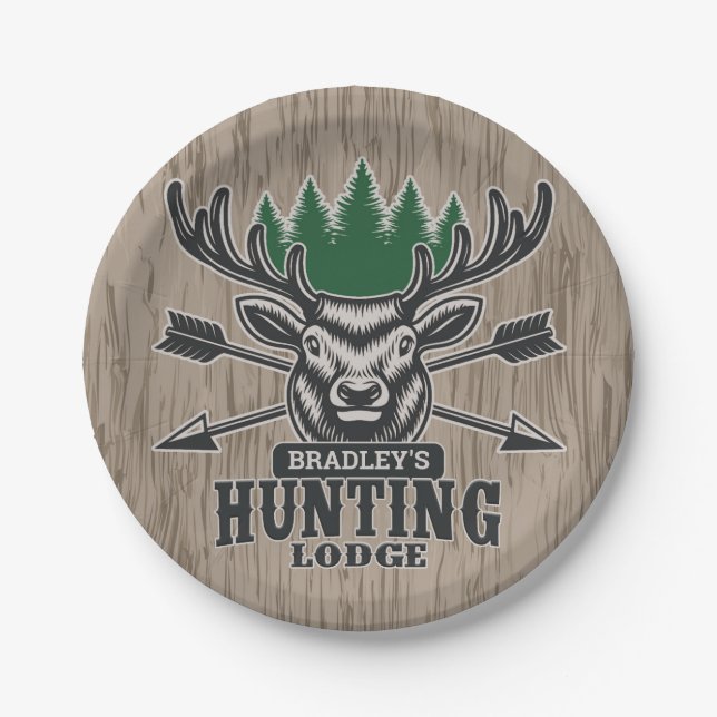 Assiettes En Carton Deer Elk Hunter AJOUTER NOM Bow Hunter Lodge Cabin (Devant)