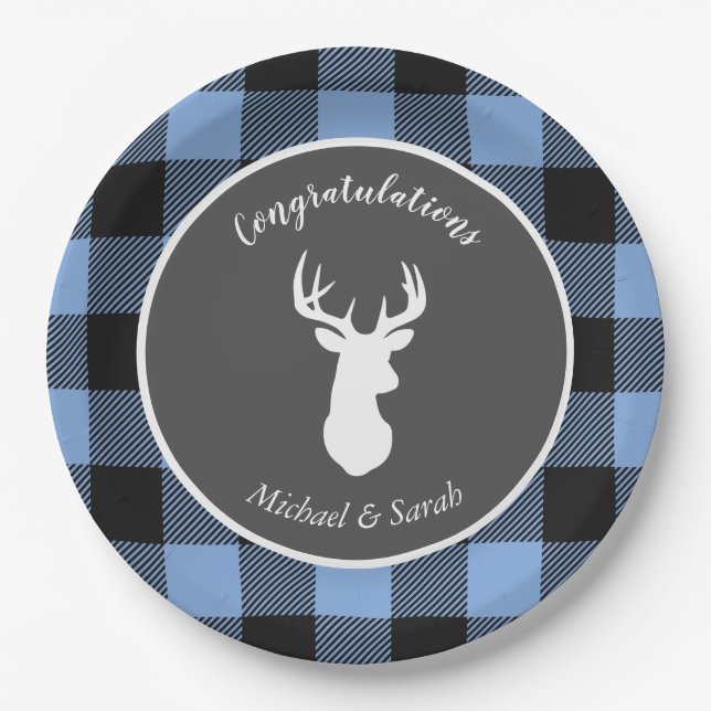 Assiettes En Carton Deer Hunter Lodge Baby shower Antlers Boy Blue (Devant)