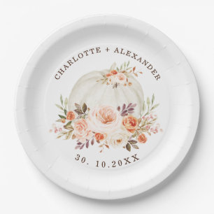 Assiettes En Carton Délicat Automne Floral Blanc Citrouille Mariage
