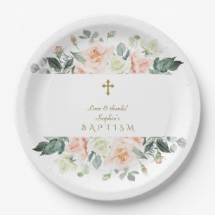 Assiettes En Carton Délicat Blush Fleurs Blanches Or Girl Baptême