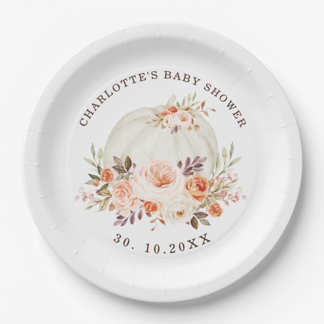 Assiettes En Carton Délicat Citrouille floral d'automne Baby shower (Devant)