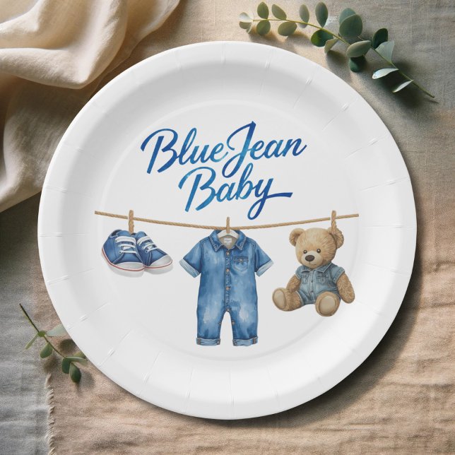 Assiettes En Carton Denim Bear Clothesline Boy Blue Jean Baby shower (Créateur téléchargé)