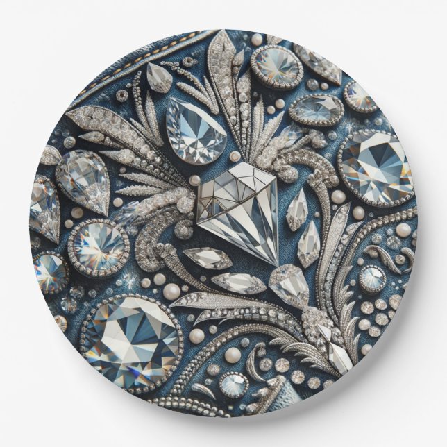 Assiettes En Carton Denim & Diamonds Gemstone Jean fête d'anniversaire (Devant)