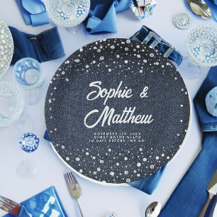 Assiettes En Carton Denim Diamonds Pearls Blue Couple Wedding shower