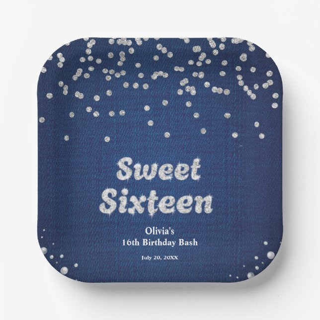 Assiettes En Carton Denim & Diamonds Sweet sixteen 16e anniversaire (Recto)
