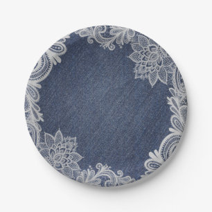 Assiettes En Carton Denim & White dentelle florale Elégant mariage vin