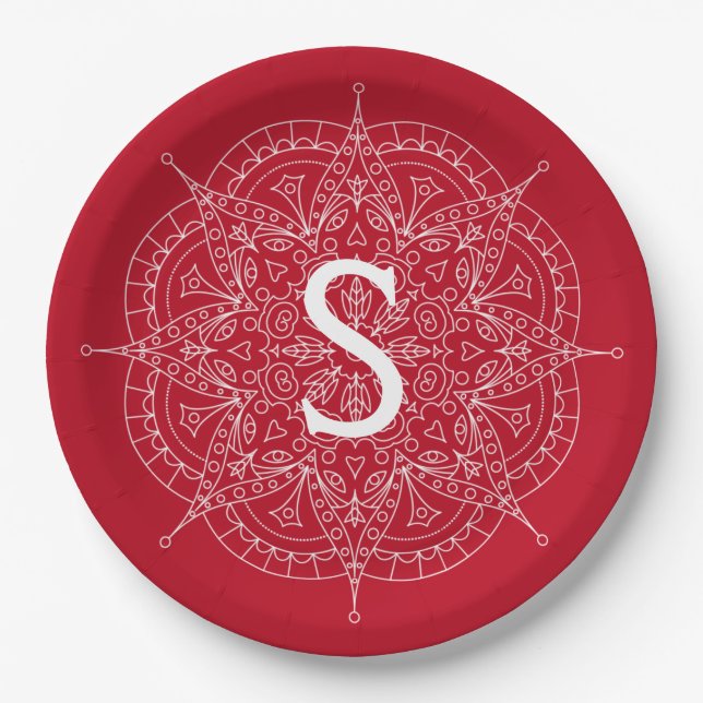 Assiettes En Carton Dentelle blanche Monogramme en rouge (Devant)