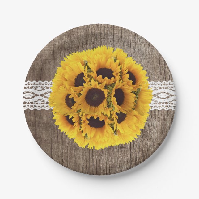 Assiettes En Carton Dentelle de tournesol rustique et grange Bois élég (Devant)