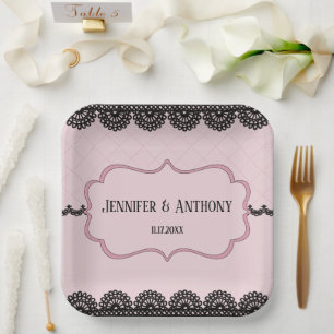 Assiettes En Carton Dentelle noire sur Soft Pink Mariage personnalisé