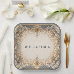 Assiettes En Carton Dentelle oiseau taupe ivoire bienvenue