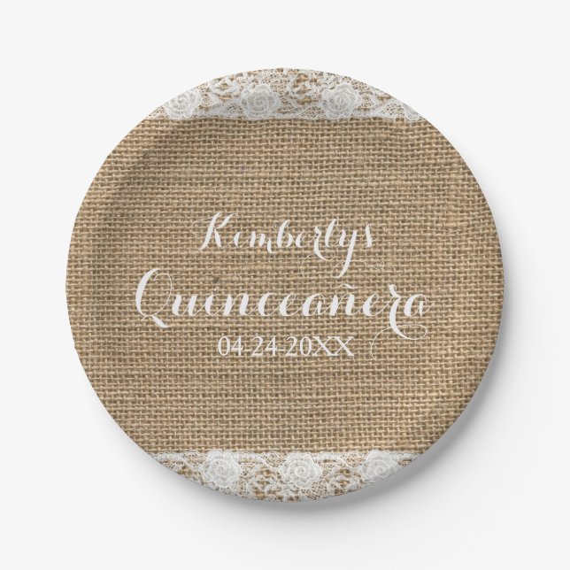 Assiettes En Carton Dentelle romantique et burlap Plaques de papier Qu (Devant)