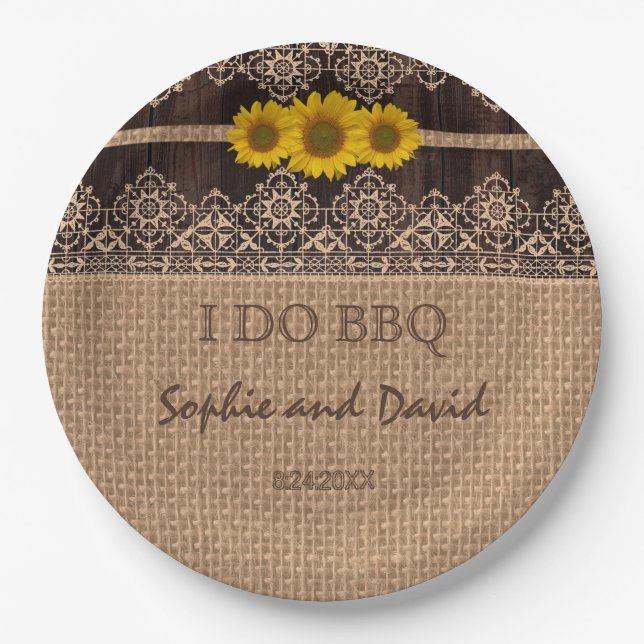 Assiettes En Carton Dentelle Rustique Burlap Bois I DO BBQ (Devant)