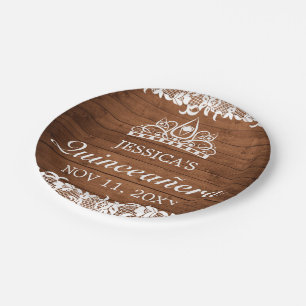 Assiettes En Carton Dentelle rustique et blanche Tiara Quinceañera