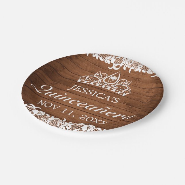 Assiettes En Carton Dentelle rustique et blanche Tiara Quinceañera (Angle)