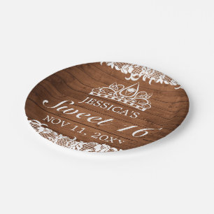 Assiettes En Carton Dentelle rustique et blanche Tiara Sweet 16