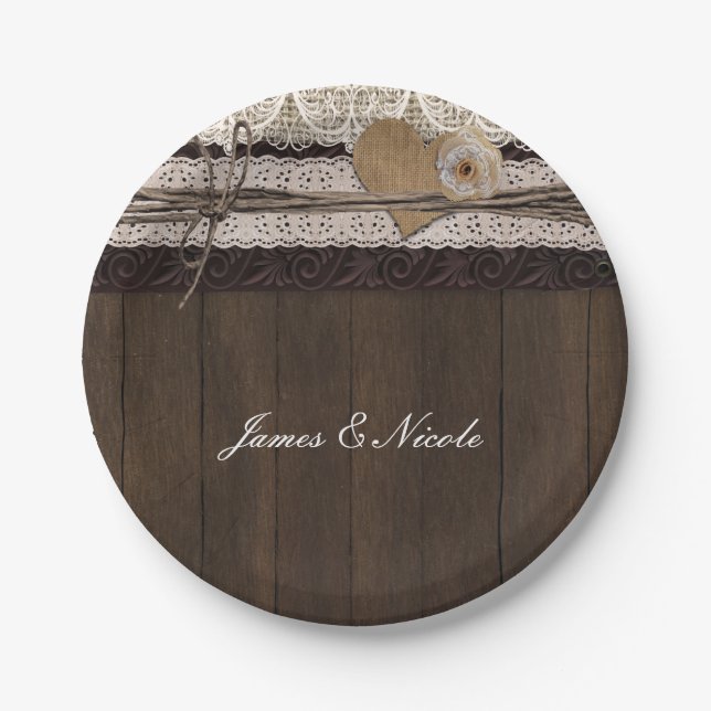 Assiettes En Carton Dentelles Burlap & Bois Plaques Mariages romantiqu (Devant)