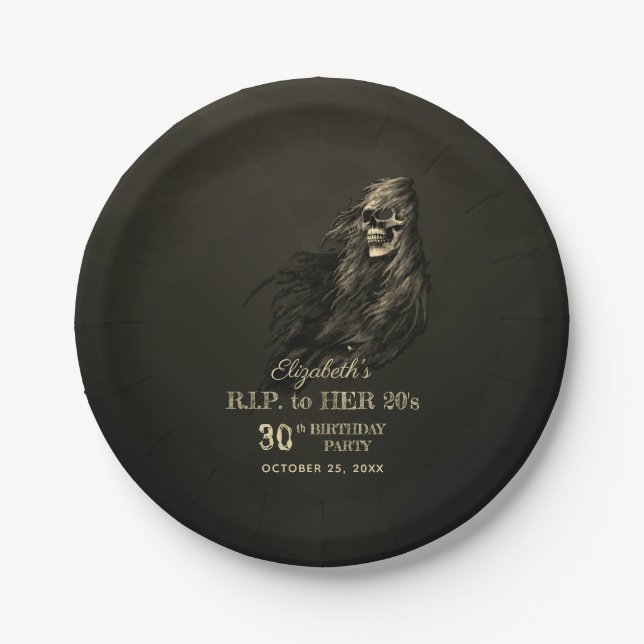 Assiettes En Carton Déplaisante crâne de cheveux RIP à sa fête d'anniv (Devant)