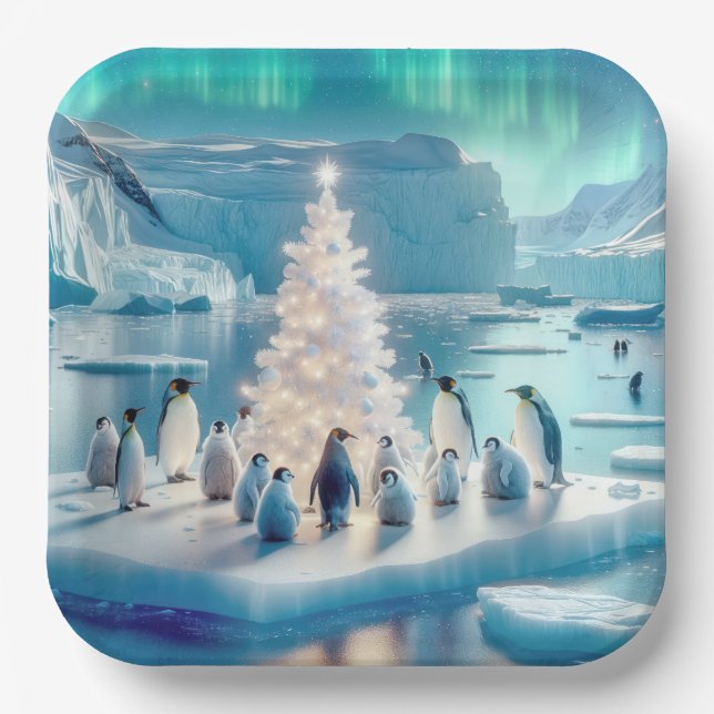 Assiettes En Carton Des pingouins rassemblés autour d'un arbre de Noël (Recto)