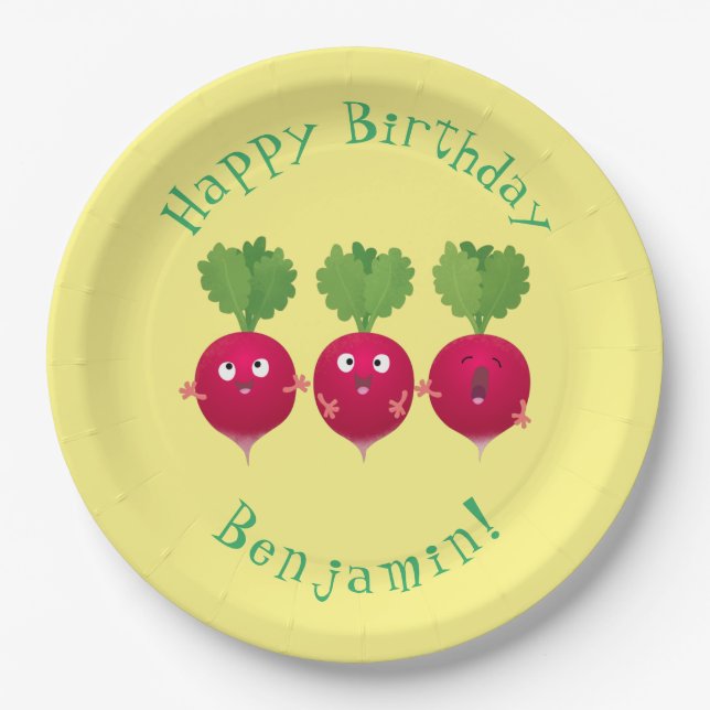 Assiettes En Carton Des radis mignons chantant des légumes de dessin a (Devant)