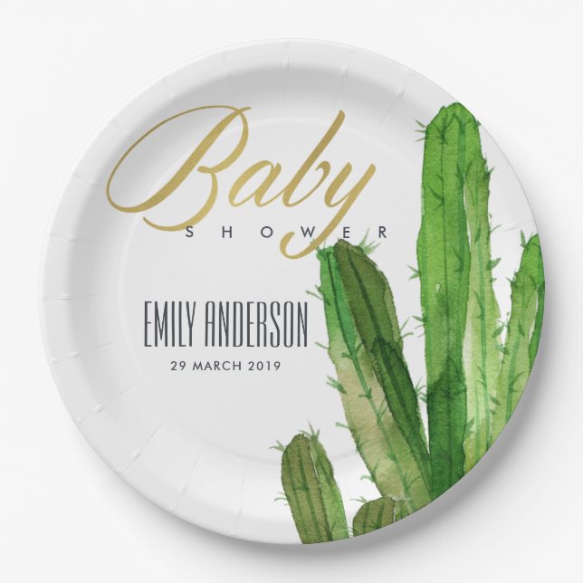 ASSIETTES EN CARTON DÉSERT CACTUS FOLIAGE BABY SHOWER D'EAU COULEUR (Devant)