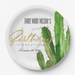 ASSIETTES EN CARTON DÉSERT CACTUS FOLIAGE WATERCOLOR ANNIVERSAIRE
