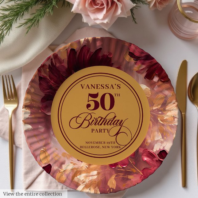 Assiettes En Carton Design Boho Merlot Blush Gold 50e anniversaire (Stylish Boho Merlot Blush Gold 50th Birthday Paper Plates)
